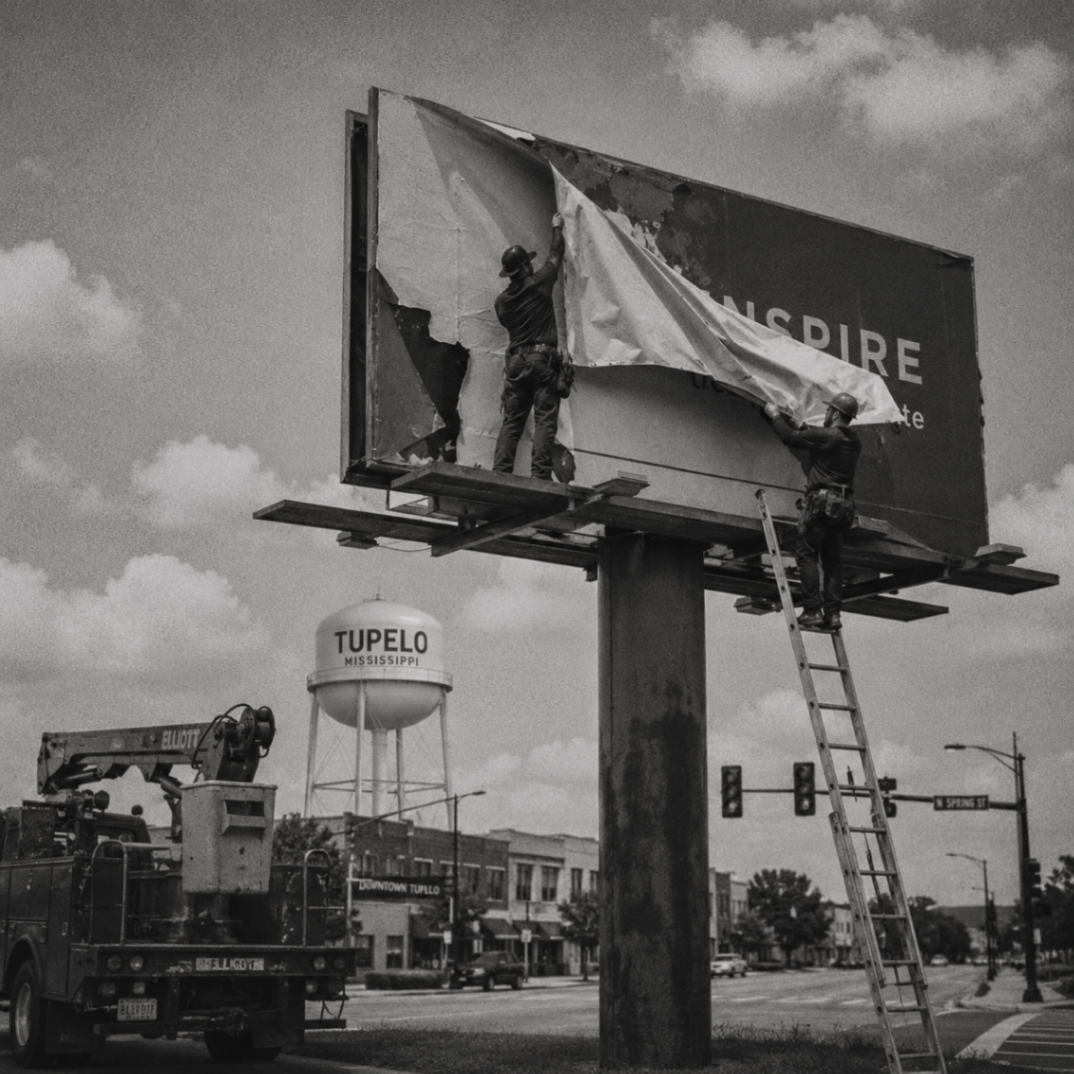 Billboard installation scene in Tupelo, Mississippi for billboard design services