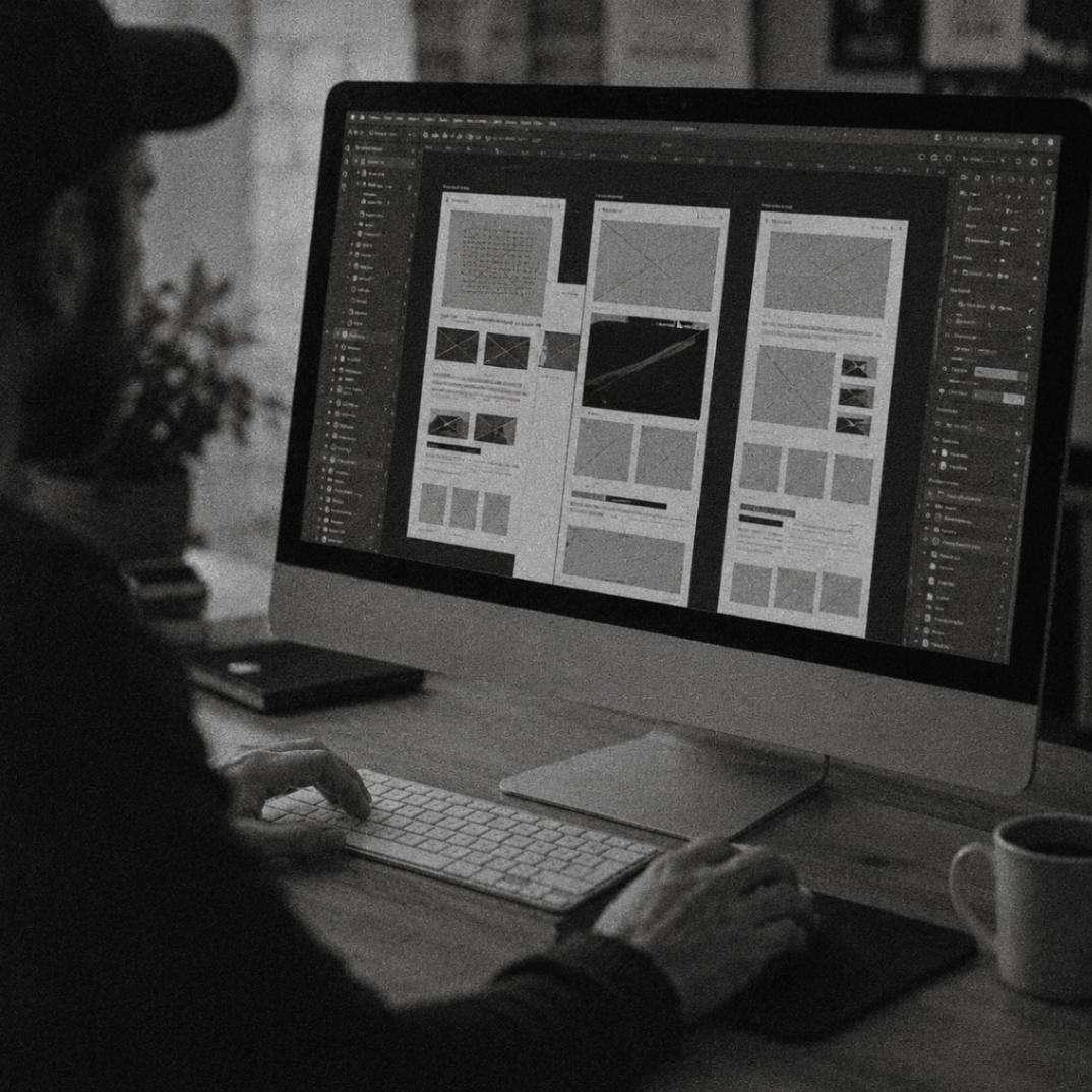 Website wireframes displayed on a desktop screen for web design services