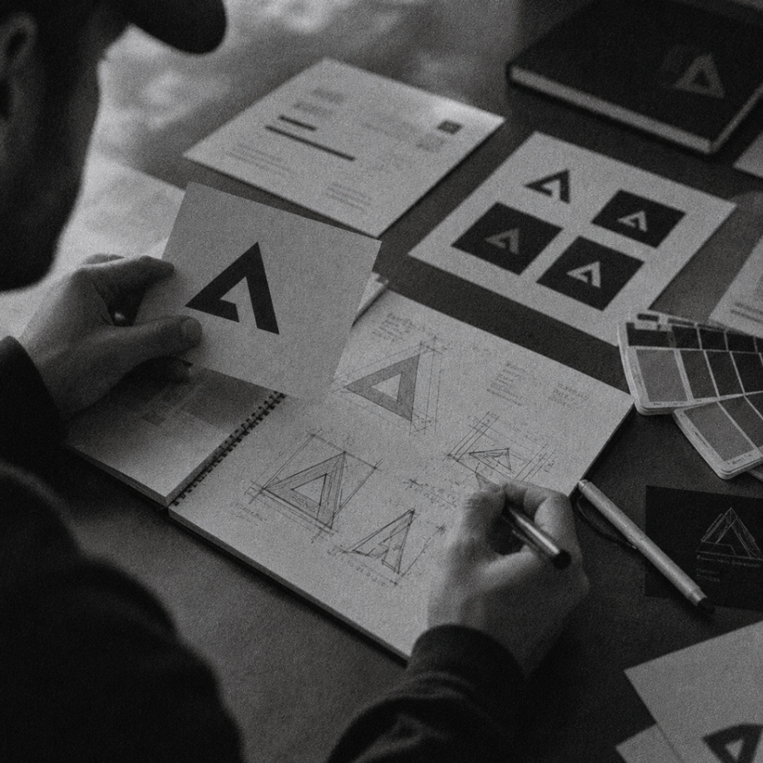 Brand identity development process with logo sketches and color swatches
