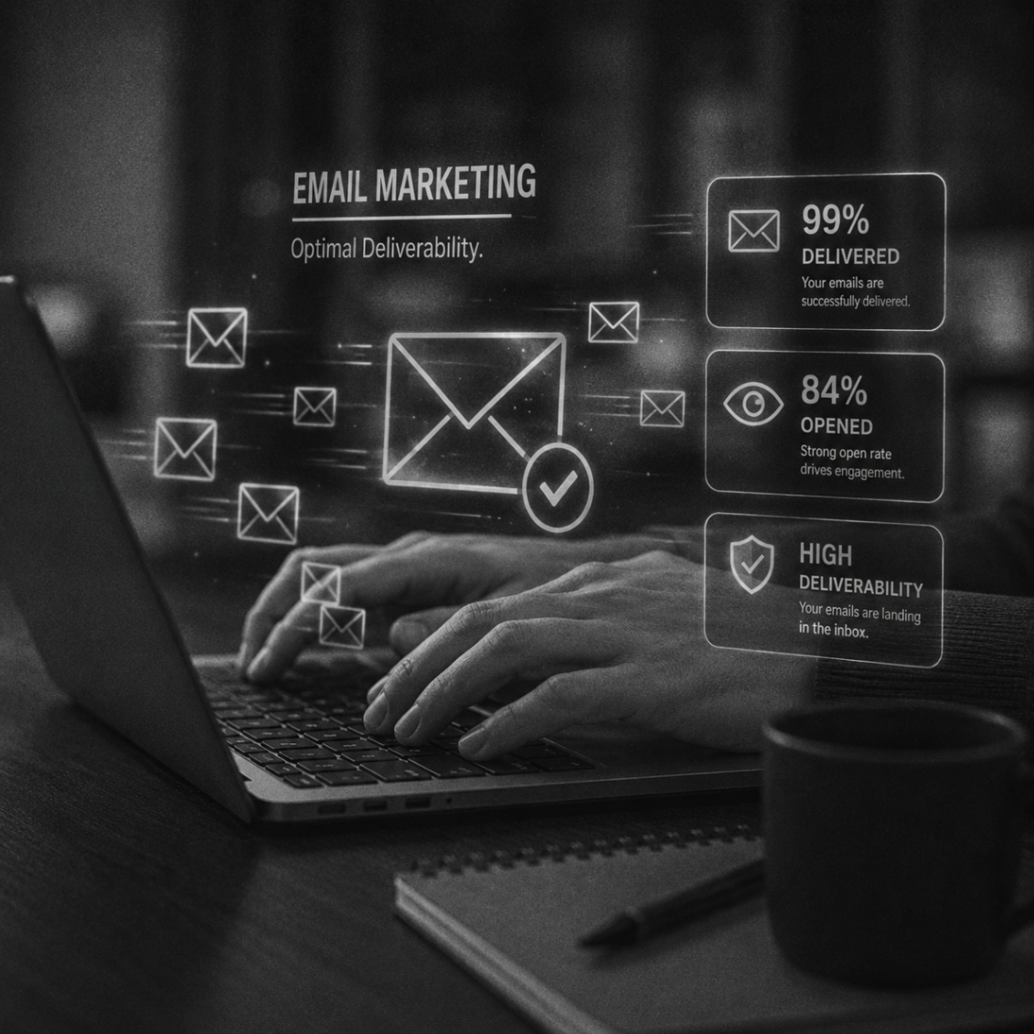 Laptop with email performance overlays representing email marketing services