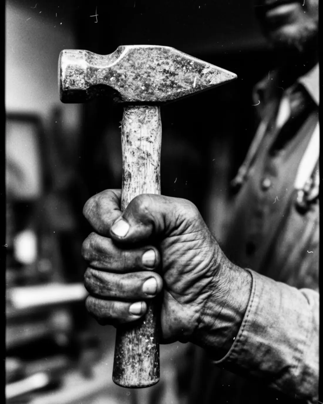 Tradesman's hand gripping a worn hammer, 35mm film