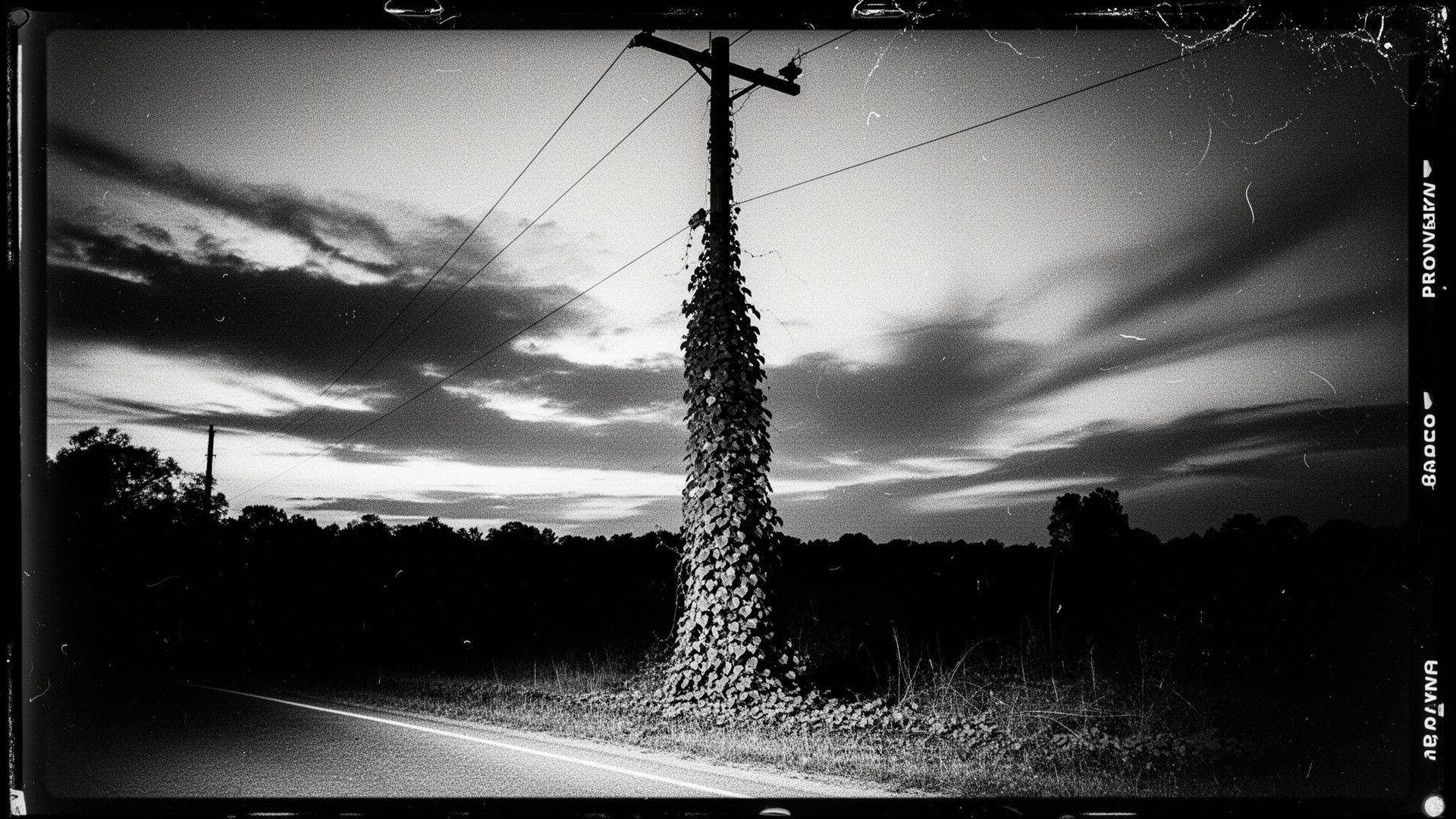 Kudzu-covered telephone pole on a North Mississippi back road at dusk, 35mm film