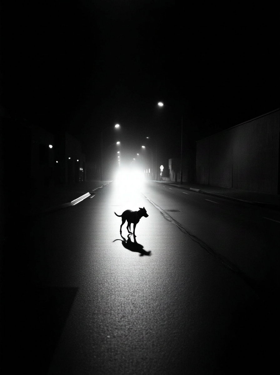 Stray dog crossing an empty Mississippi street under a streetlight at night, 35mm film