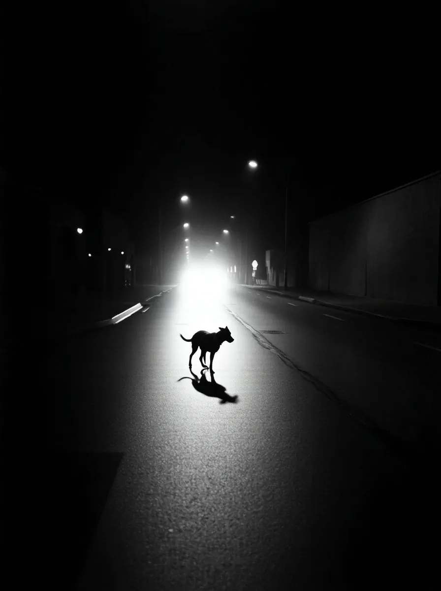 Stray dog crossing an empty Mississippi street under a streetlight at night, 35mm film