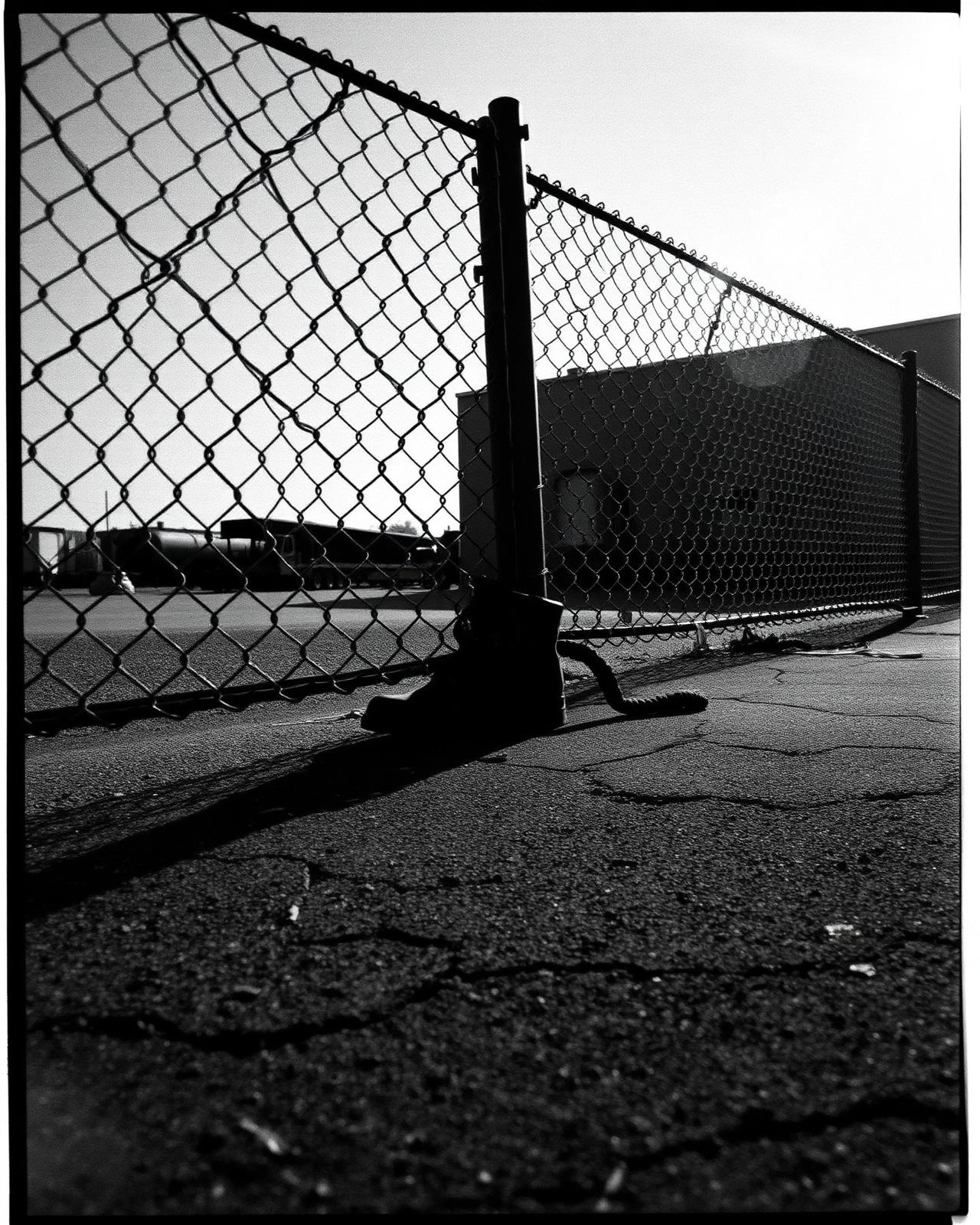 Work boot leaning against a chain-link fence at a North Mississippi industrial yard, 35mm film