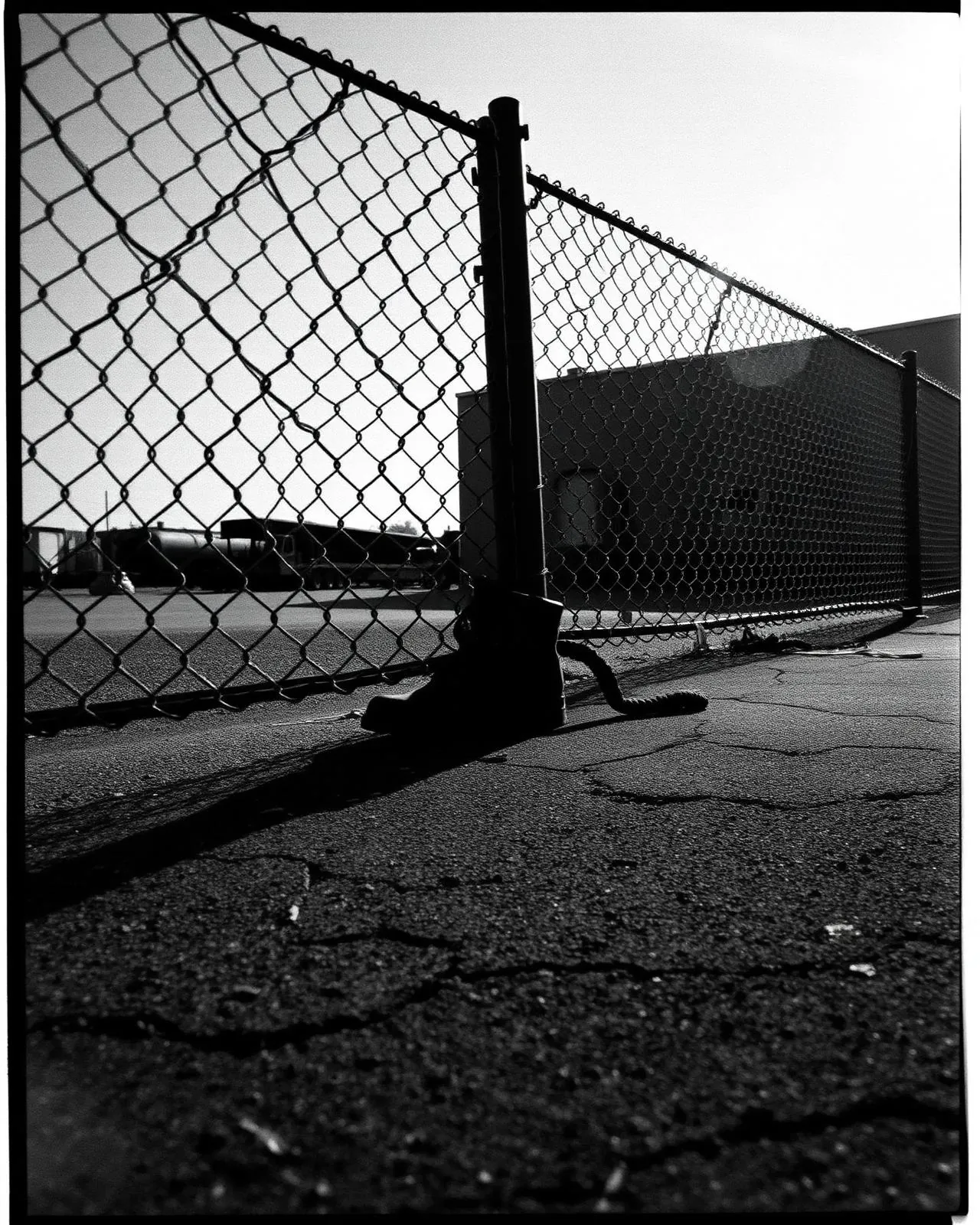 Work boot leaning against a chain-link fence at a North Mississippi industrial yard, 35mm film