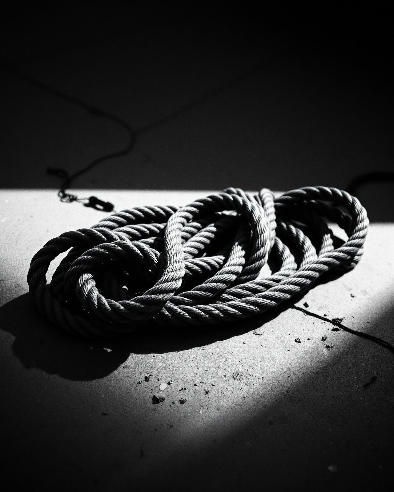 Coiled industrial rope on weathered concrete in raking light, 35mm film