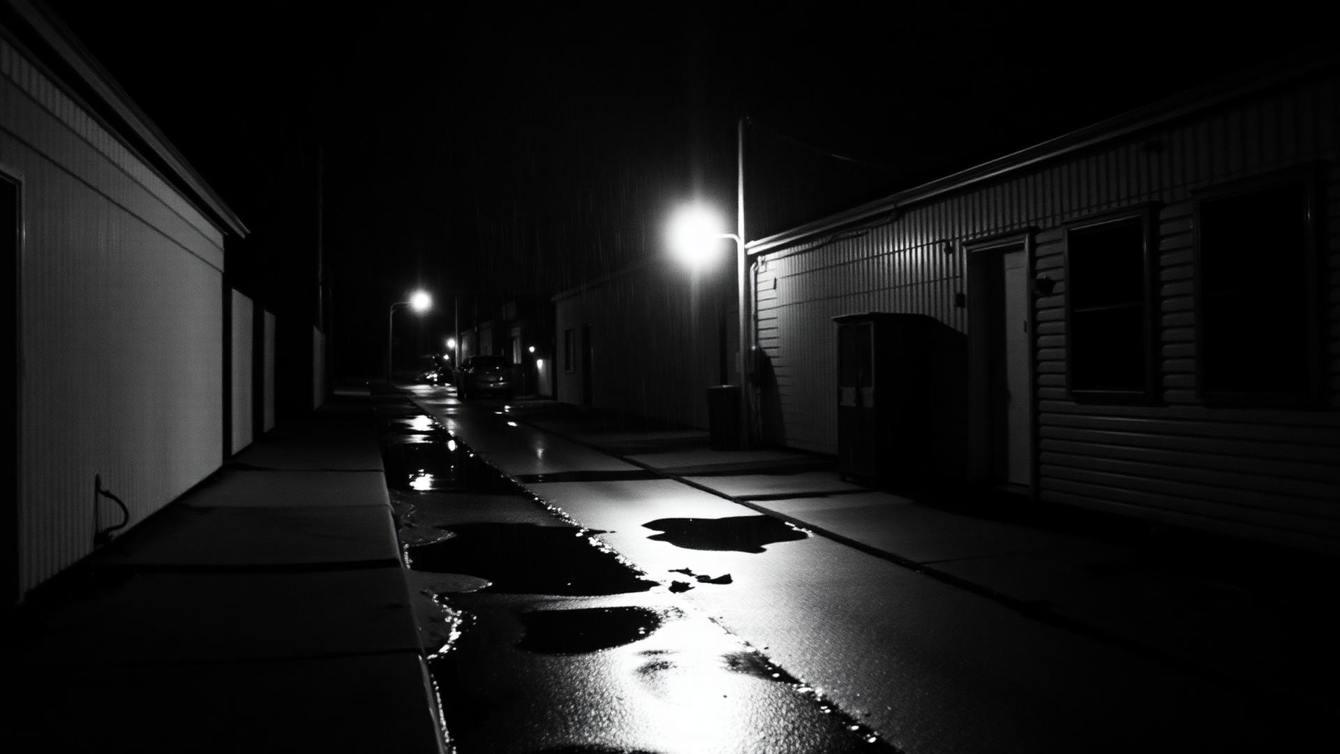 Rain-slick empty back alley in a small Mississippi town at night, 35mm film