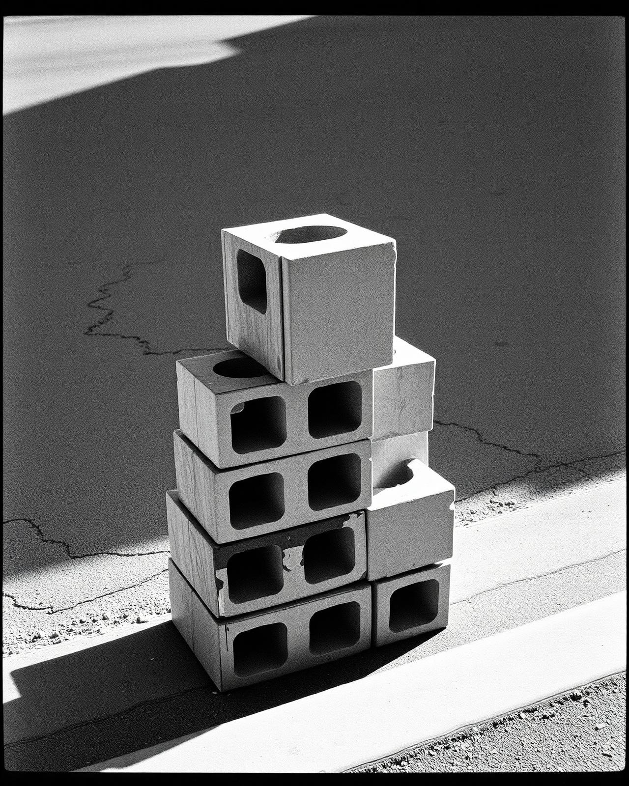Stack of weathered cinder blocks at the edge of a cracked asphalt lot, 35mm film