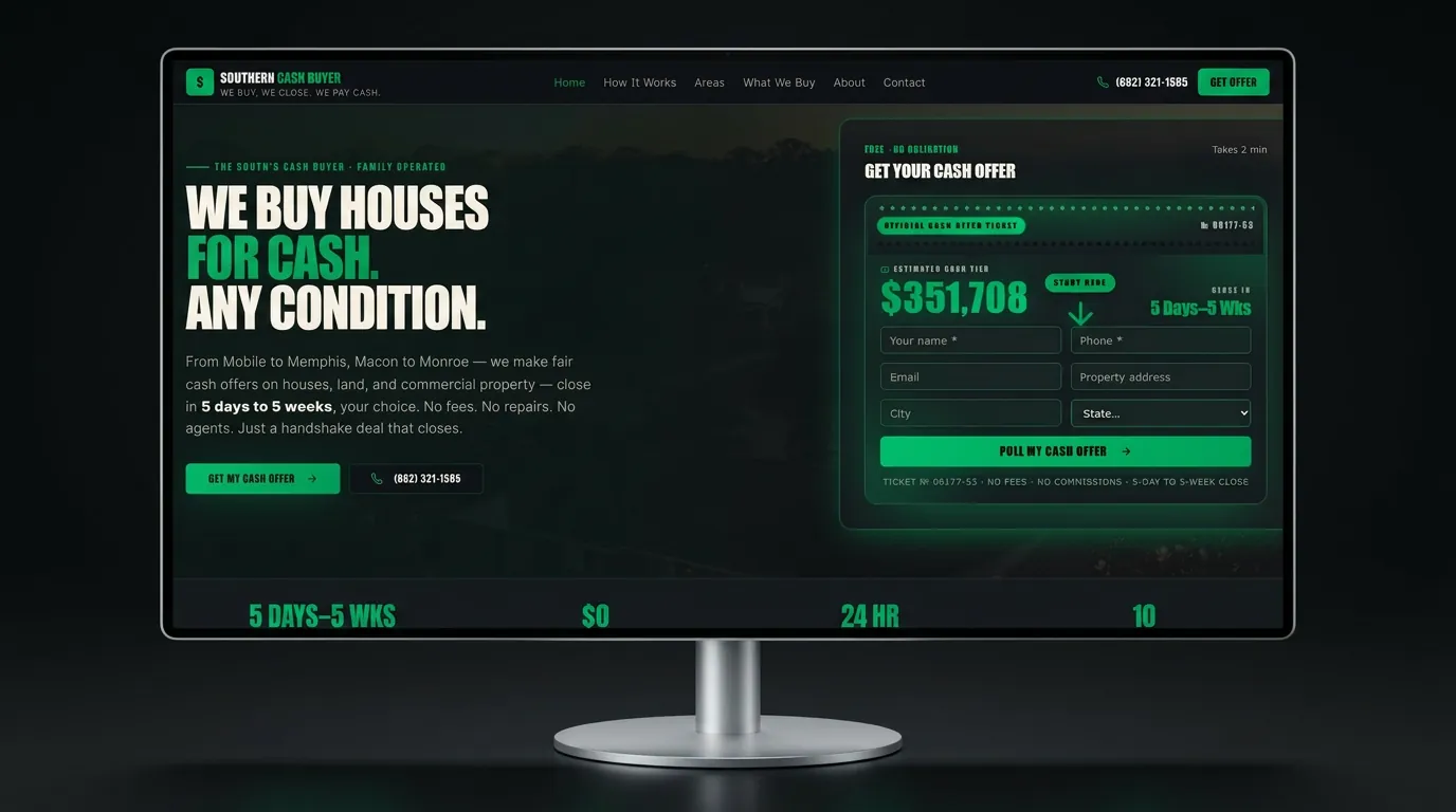SOUTHERN CASH BUYER — live homepage screenshot