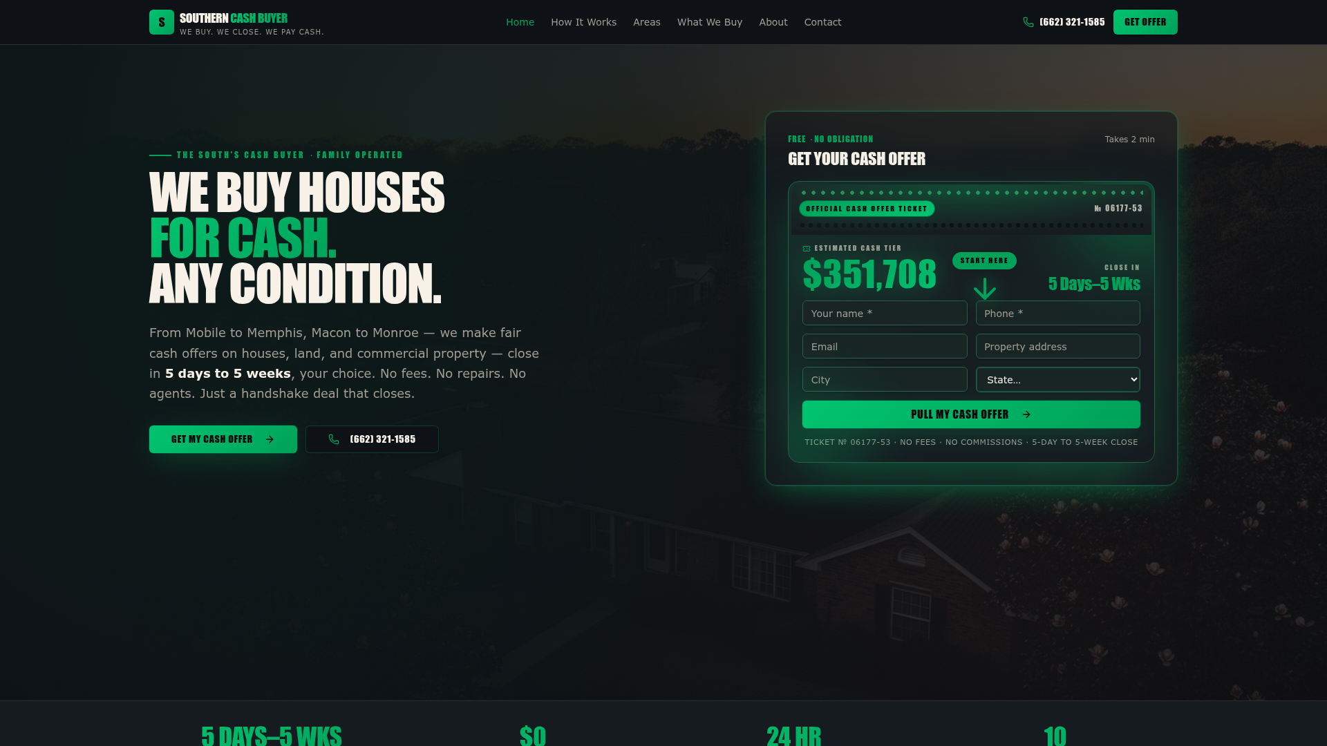 SOUTHERN CASH BUYER — live homepage screenshot