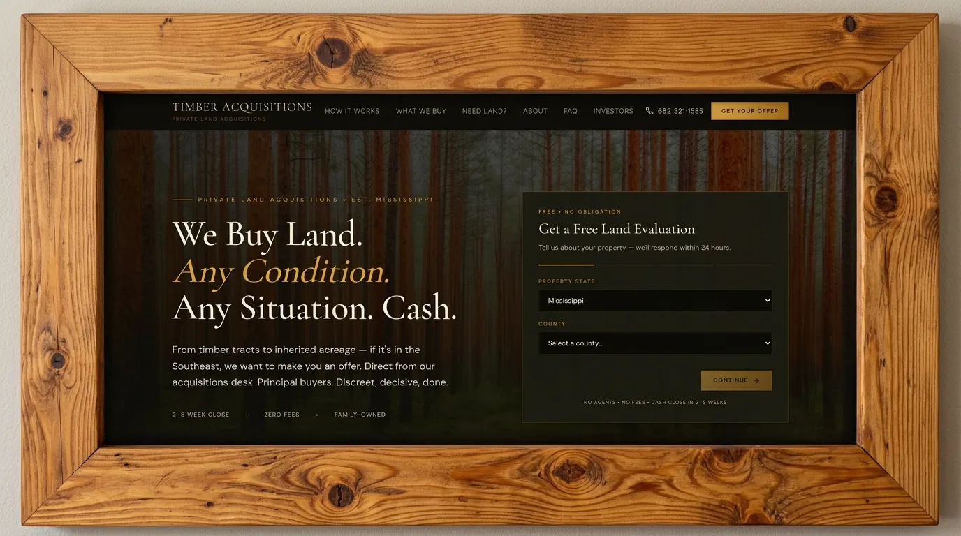 TIMBER ACQUISITIONS — live homepage screenshot