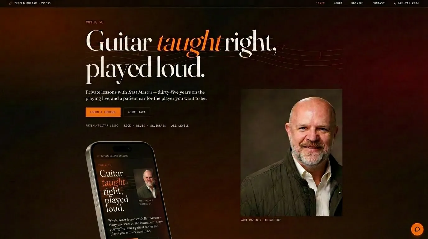 TUPELO GUITAR LESSONS — live homepage screenshot